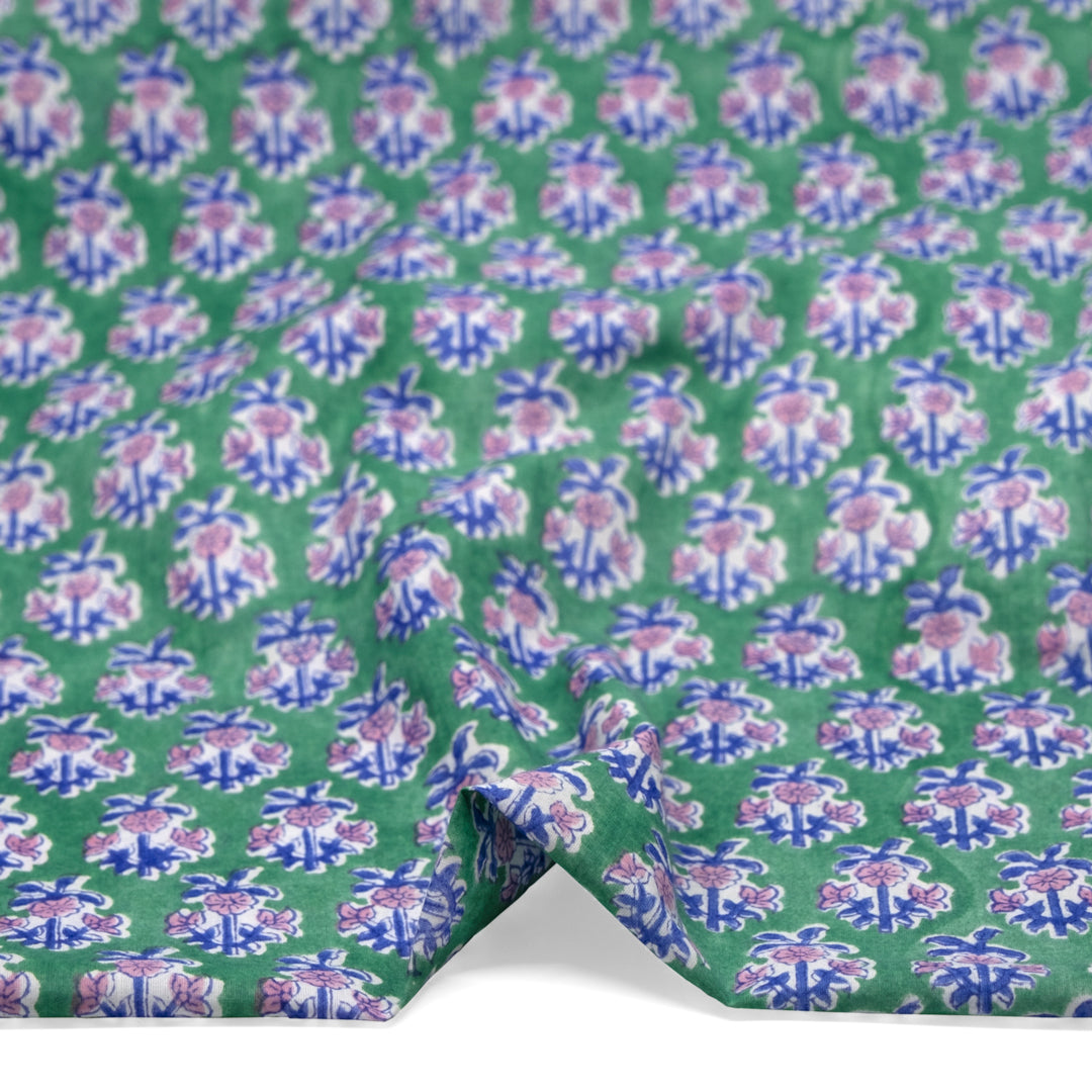 Bloom Block Printed Organic Cotton Batiste - Viridian/Azure/Candy | Blackbird Fabrics