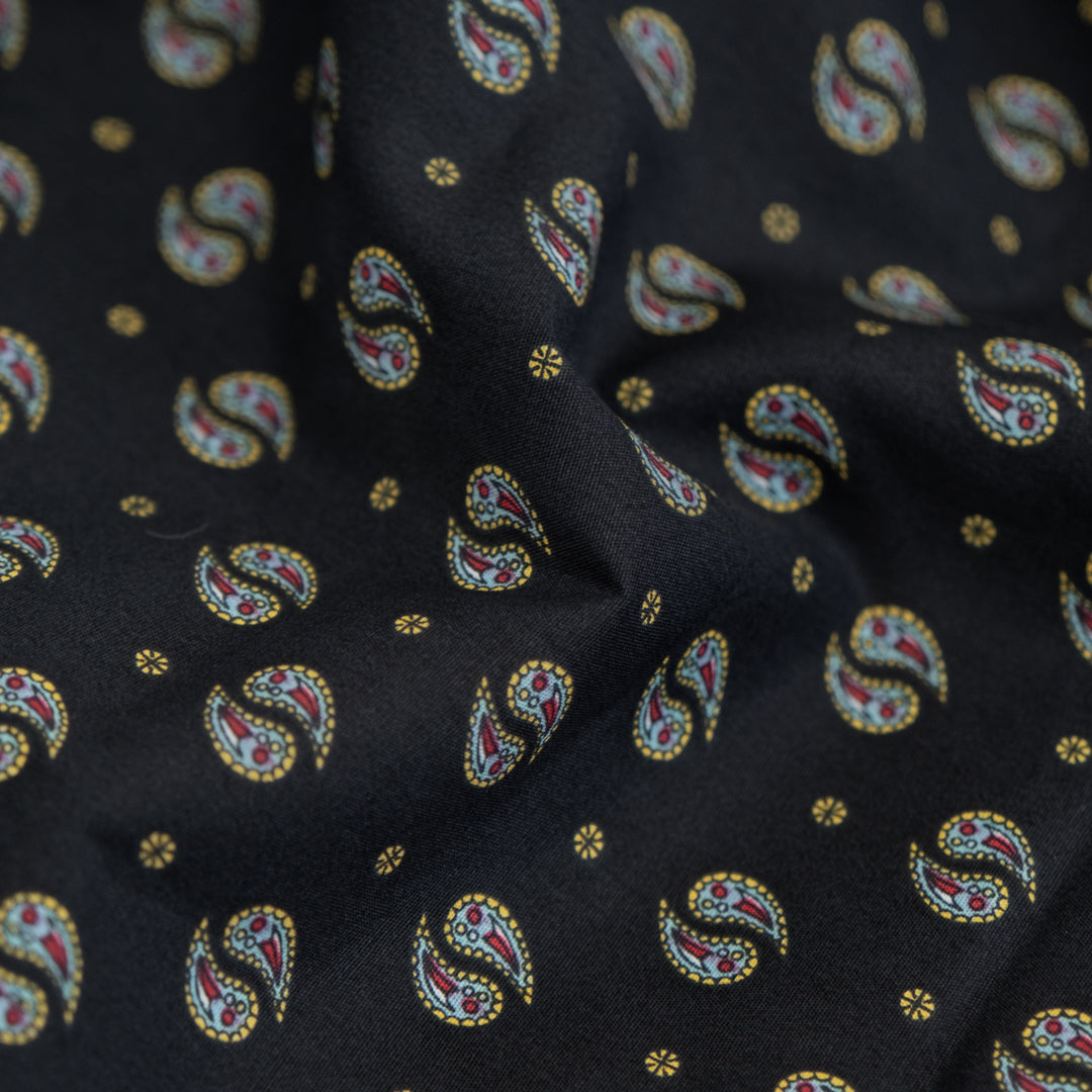 Deadstock Paisley Printed Cotton Lawn - Black/Daffodil/Teal | Blackbird Fabrics