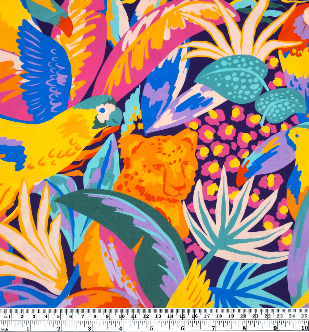 Ellie Whittaker - Jungle Party Organic Cotton Sateen - Deep Violet/Lemon/Multi | Blackbird Fabrics