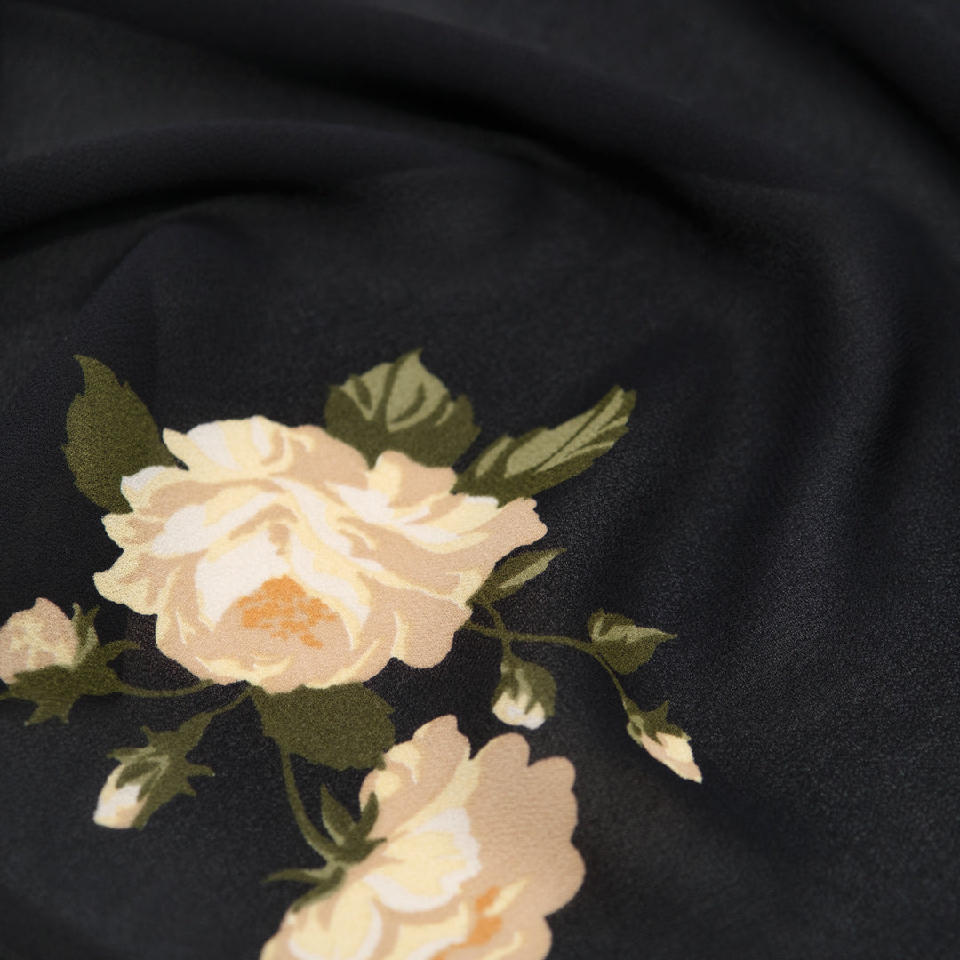 Candlelit Roses Rayon Georgette - Black/Butter | Blackbird Fabrics