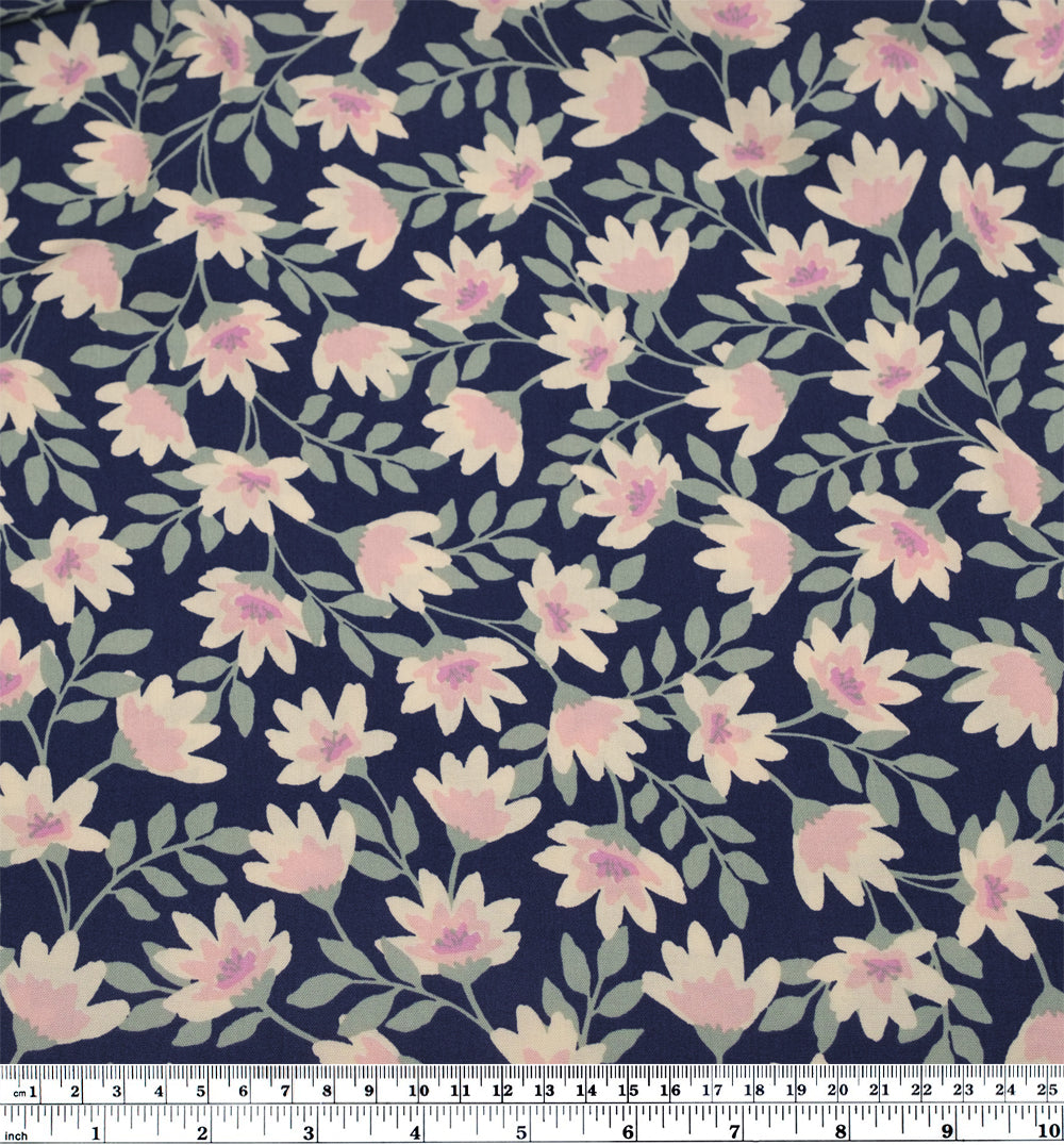 Flowering Vines Rayon Challis - Navy/Cream | Blackbird Fabrics