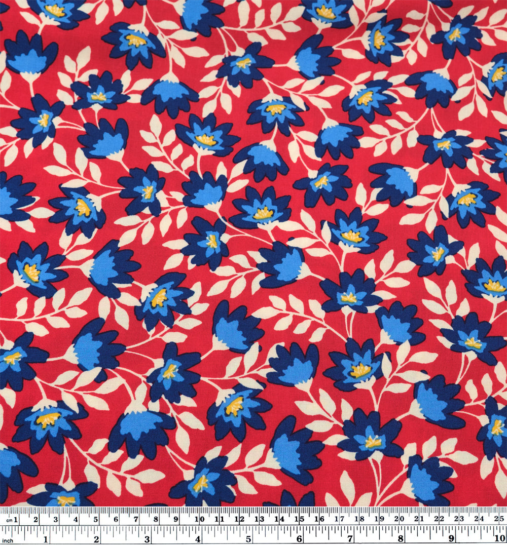 Flowering Vines Rayon Challis - Crimson/Blue | Blackbird Fabrics