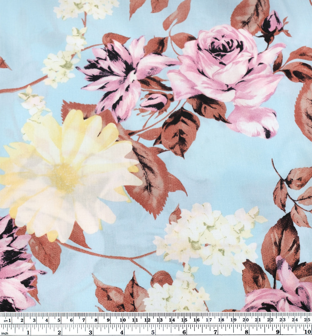 Pastel Roses Rayon Voile - Pale Blue | Blackbird Fabrics