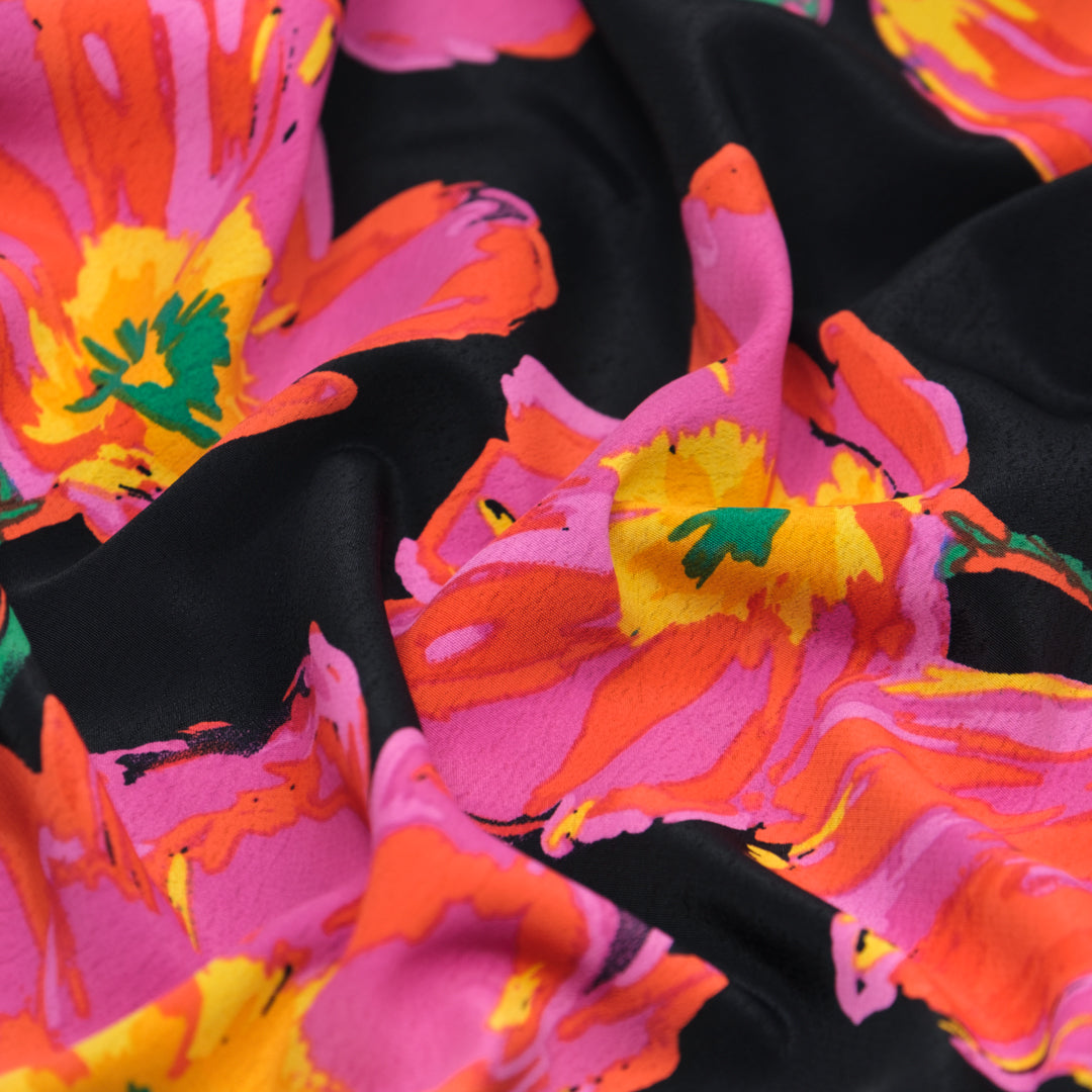 Floral Blitz Poly Morrocain Crepe - Black/Jam/Grass | Blackbird Fabrics