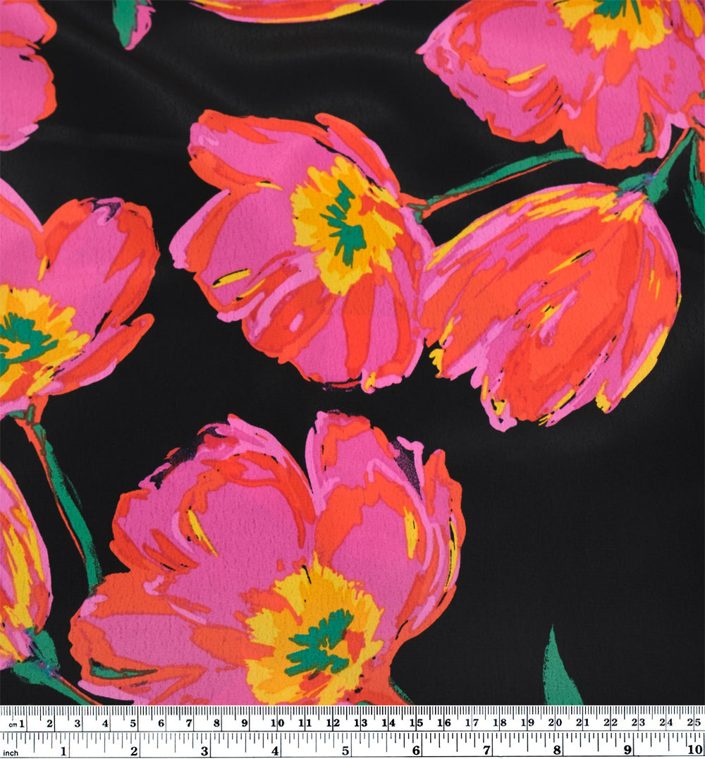 Floral Blitz Poly Morrocain Crepe - Black/Jam/Grass | Blackbird Fabrics