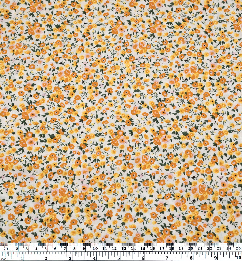 Budding Floral Cotton Poplin - White/Buttercup/Ochre | Blackbird Fabrics