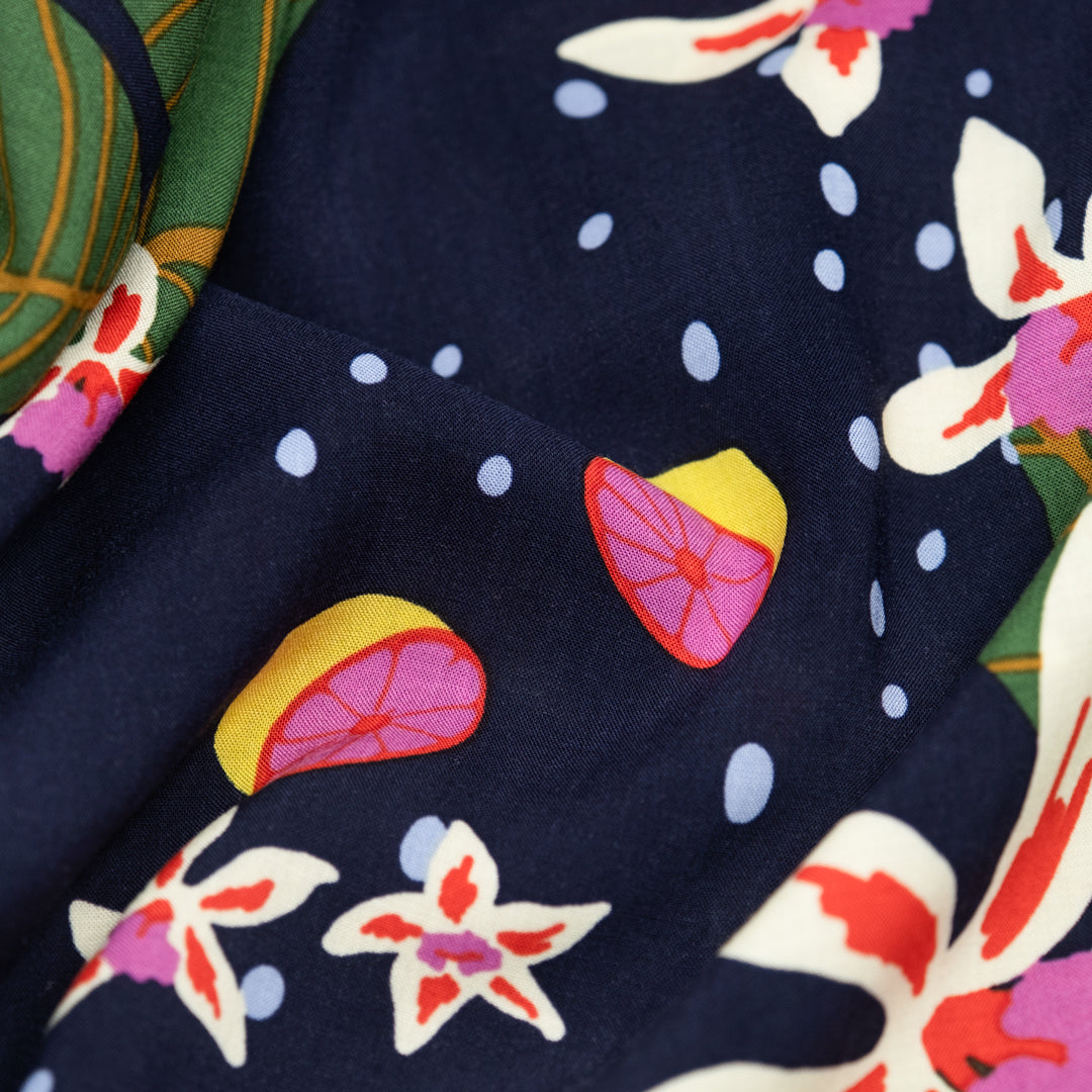 Celestial Citrus Rayon Voile - Navy/Multi | Blackbird Fabrics