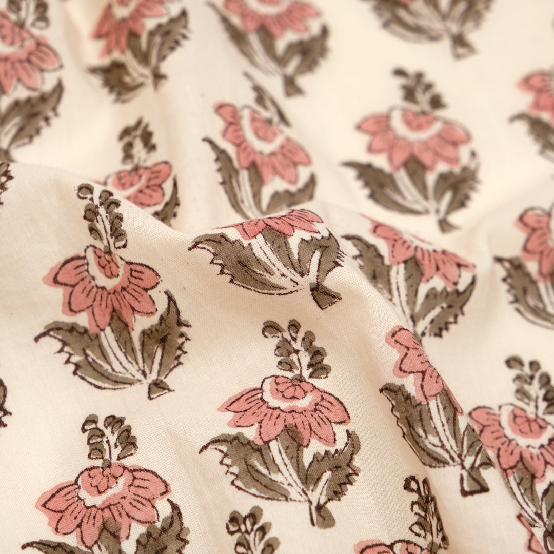 Bloom Block Printed Organic Cotton Batiste - Parchment/Petal/Cardamom | Blackbird Fabrics