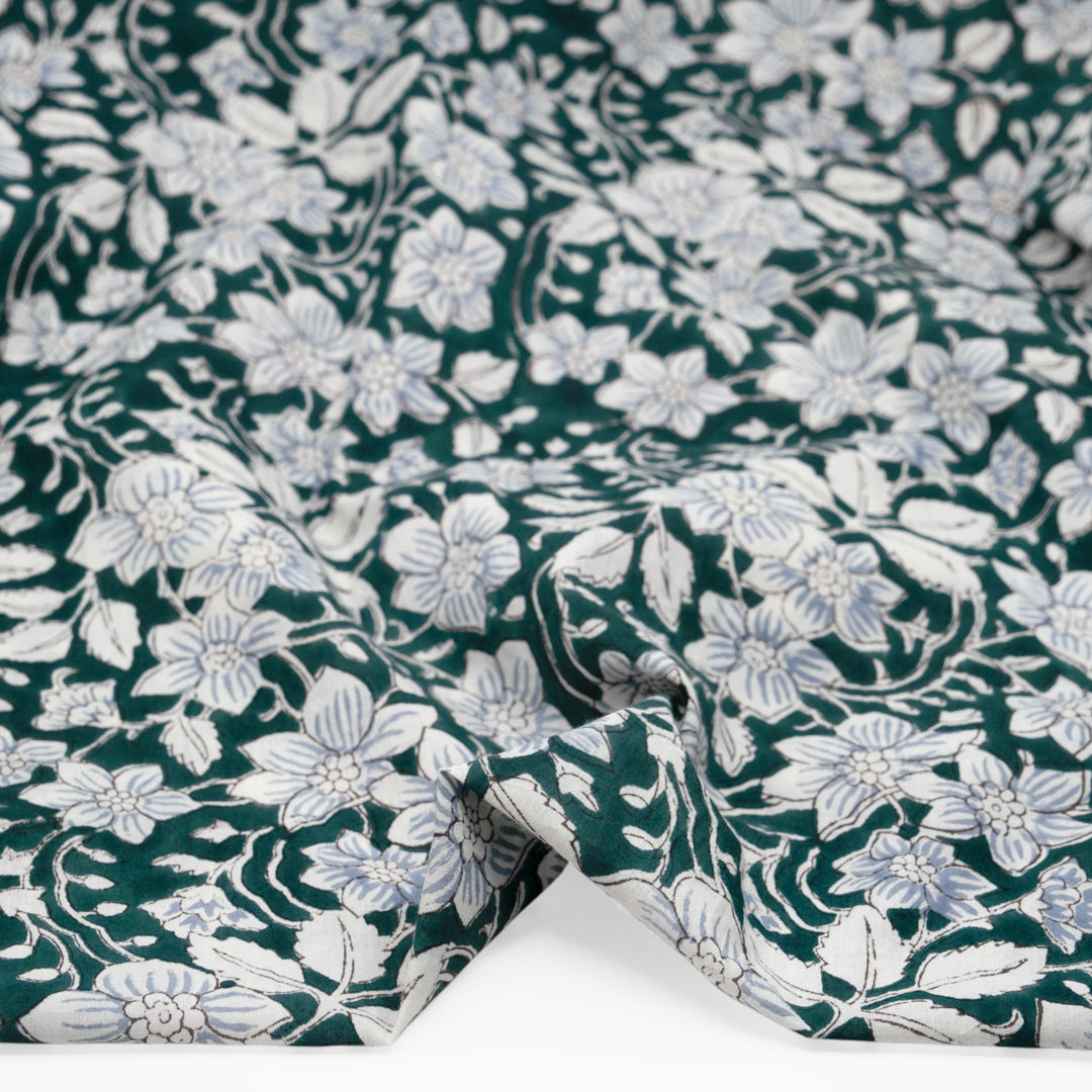 Tapestry Block Printed Organic Cotton Batiste - Peacock/White | Blackbird Fabrics