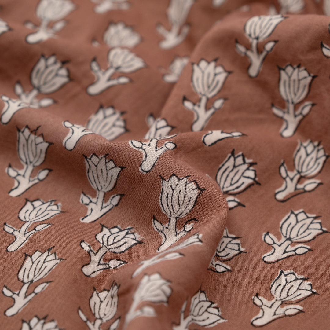 Bloom Block Printed Organic Cotton Batiste - Cappuccino/Fawn | Blackbird Fabrics