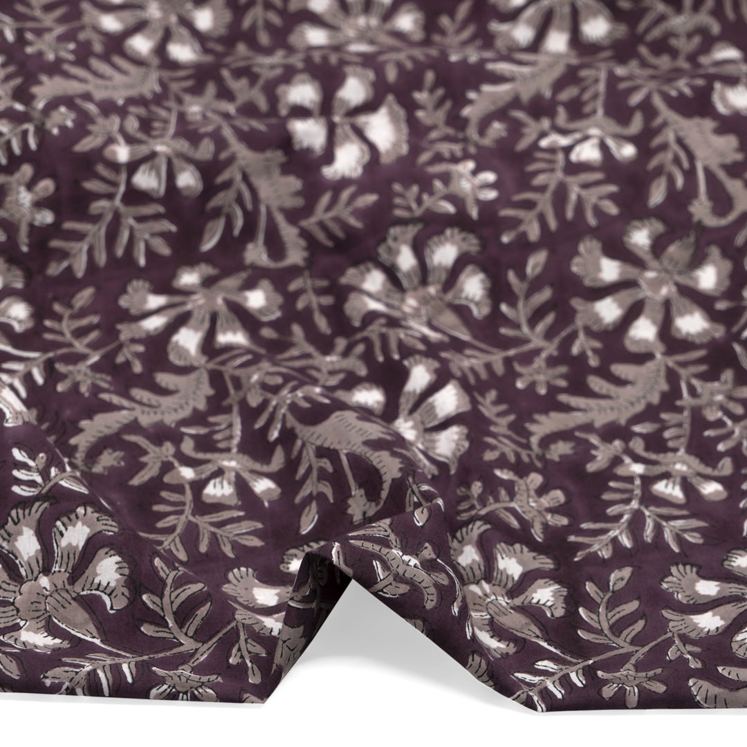 Vine Block Printed Organic Cotton Batiste - Boysenberry/Taupe/White | Blackbird Fabrics