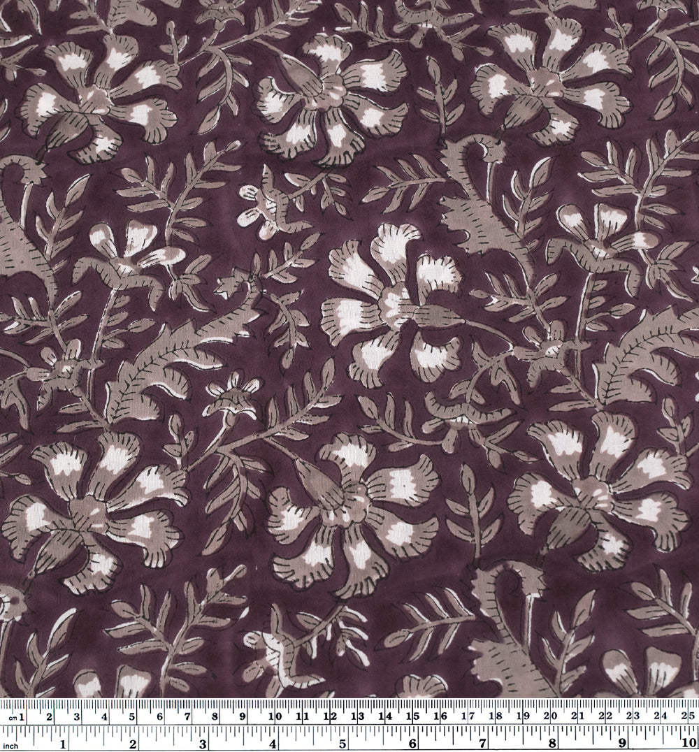 Vine Block Printed Organic Cotton Batiste - Boysenberry/Taupe/White | Blackbird Fabrics