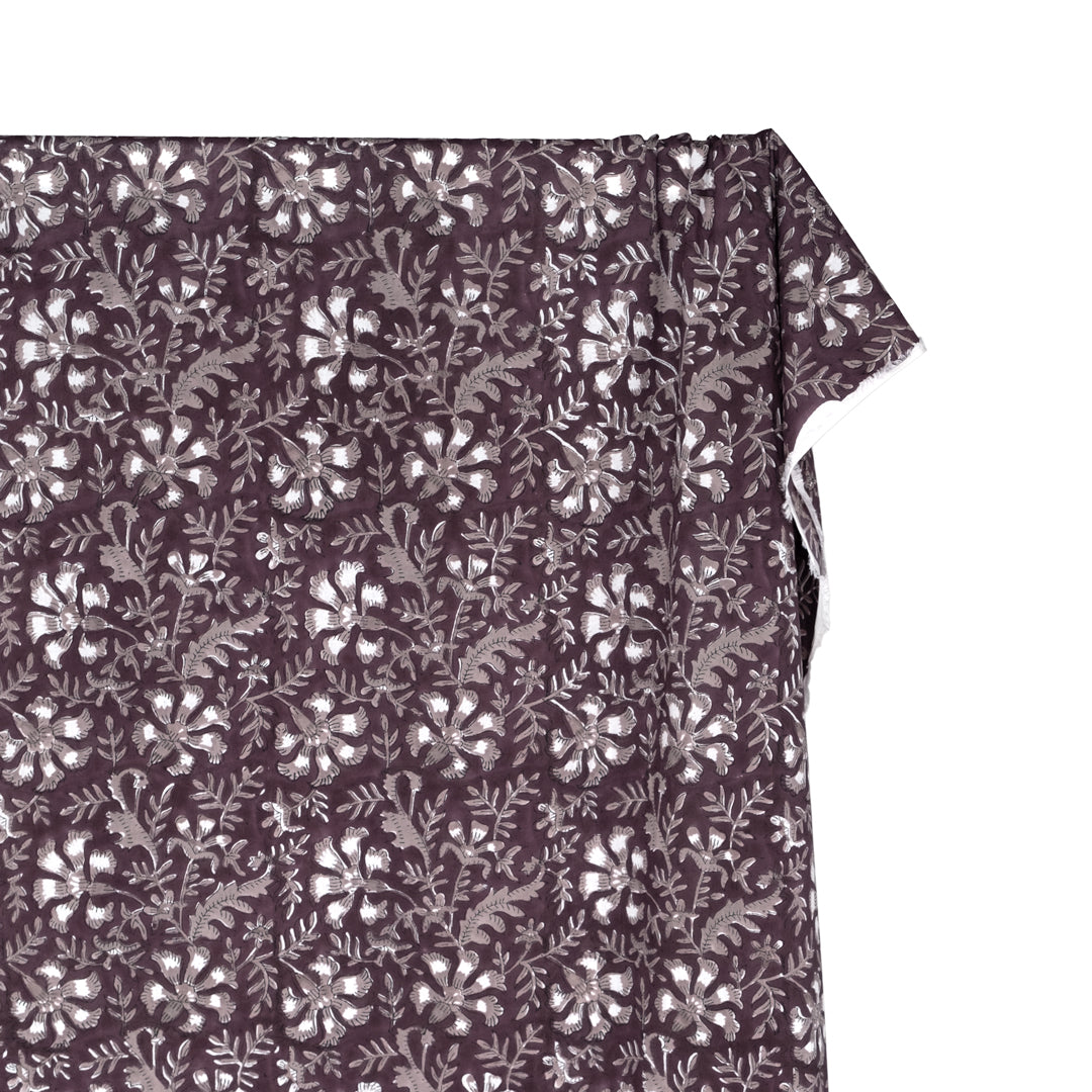 Vine Block Printed Organic Cotton Batiste - Boysenberry/Taupe/White | Blackbird Fabrics