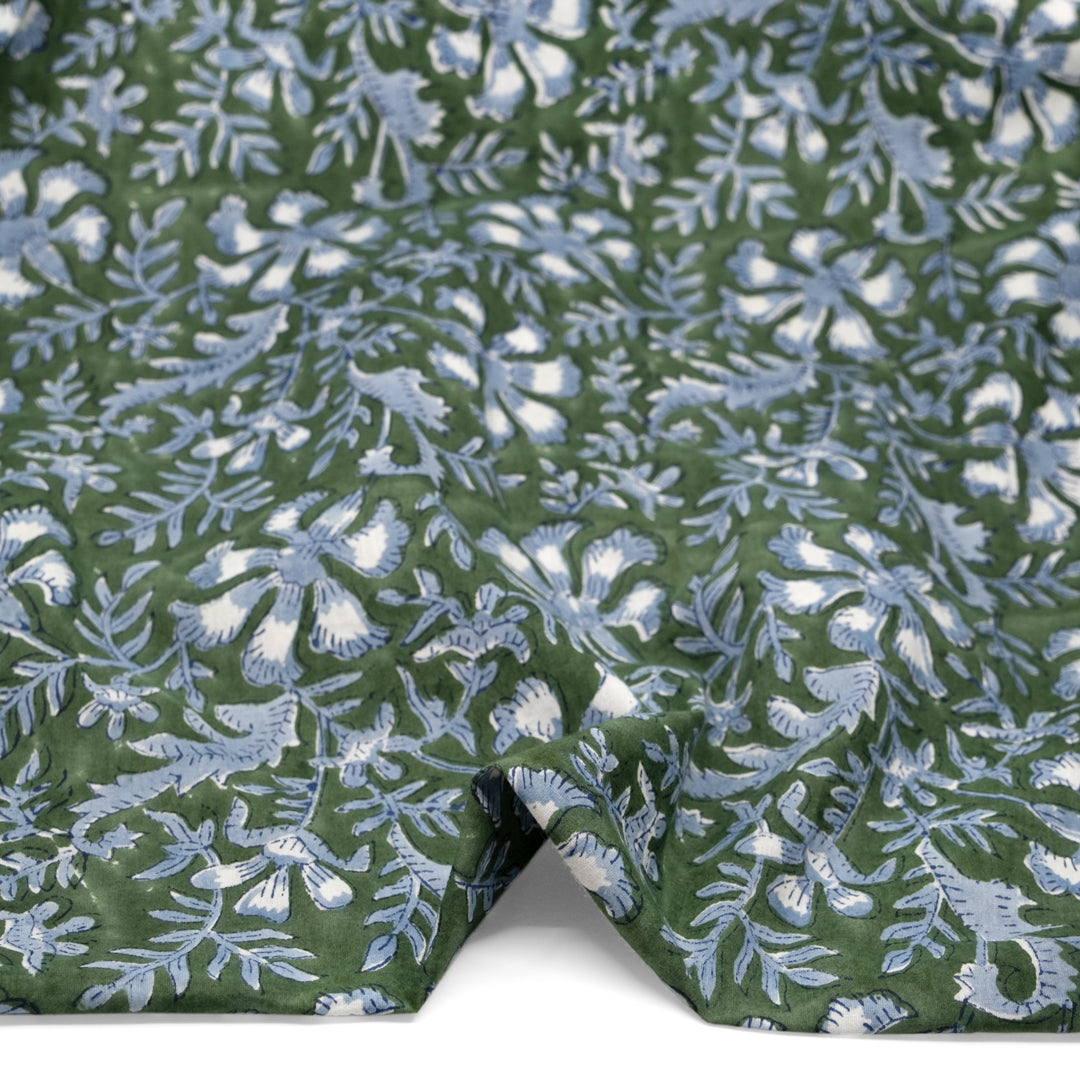 Vine Block Printed Organic Cotton Batiste - Dill/Bluestone/White | Blackbird Fabrics