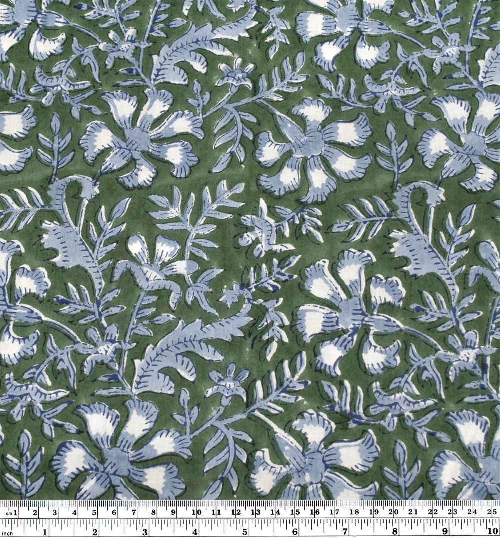 Vine Block Printed Organic Cotton Batiste - Dill/Bluestone/White | Blackbird Fabrics