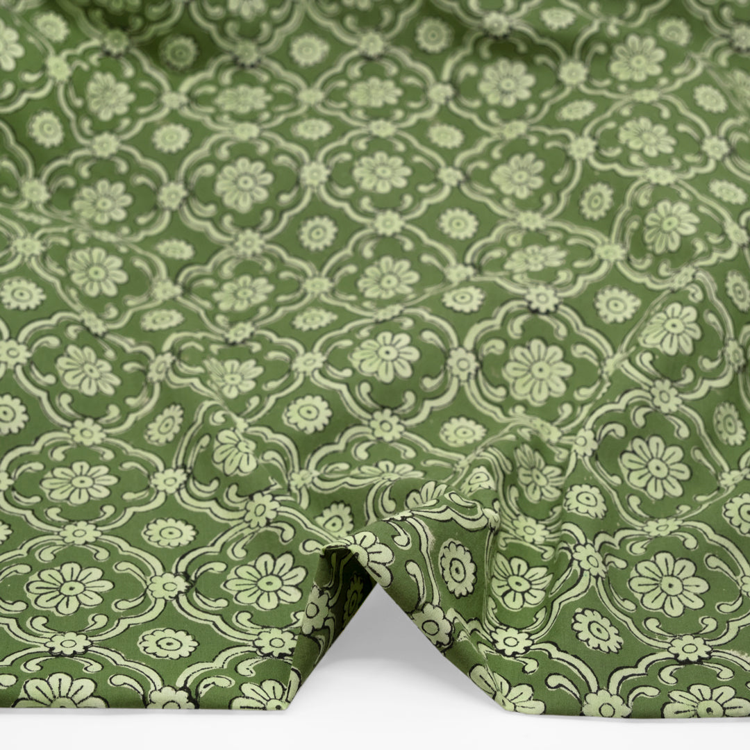 Mosaic Block Printed Organic Cotton Batiste - Chive/Eucalyptus | Blackbird Fabrics