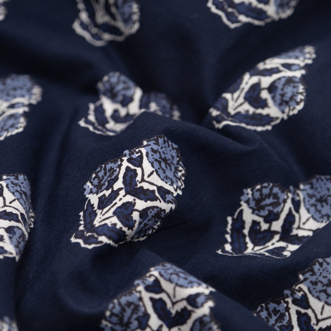 Bloom Block Printed Organic Cotton Batiste - Midnight Blue/White | Blackbird Fabrics