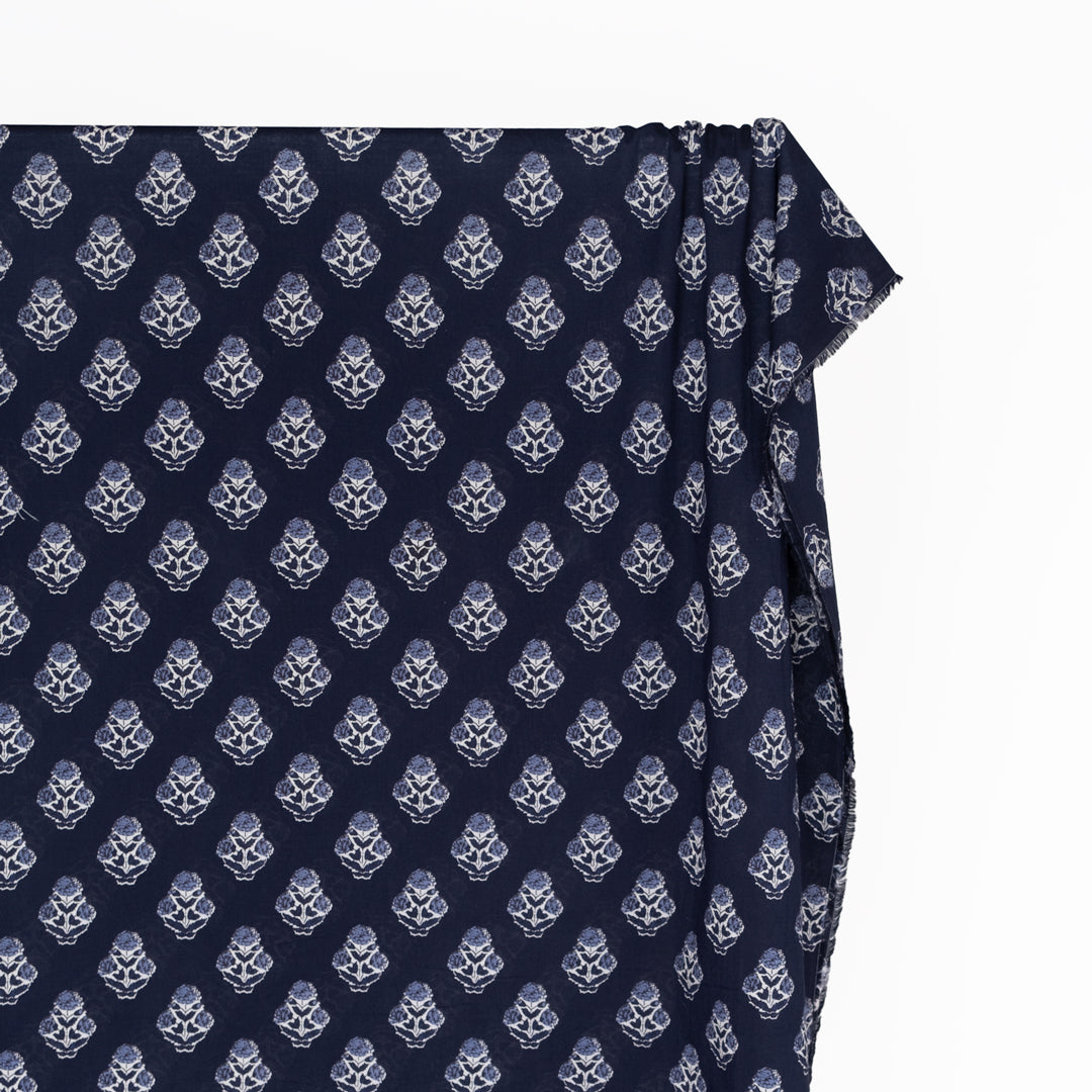 Bloom Block Printed Organic Cotton Batiste - Midnight Blue/White | Blackbird Fabrics