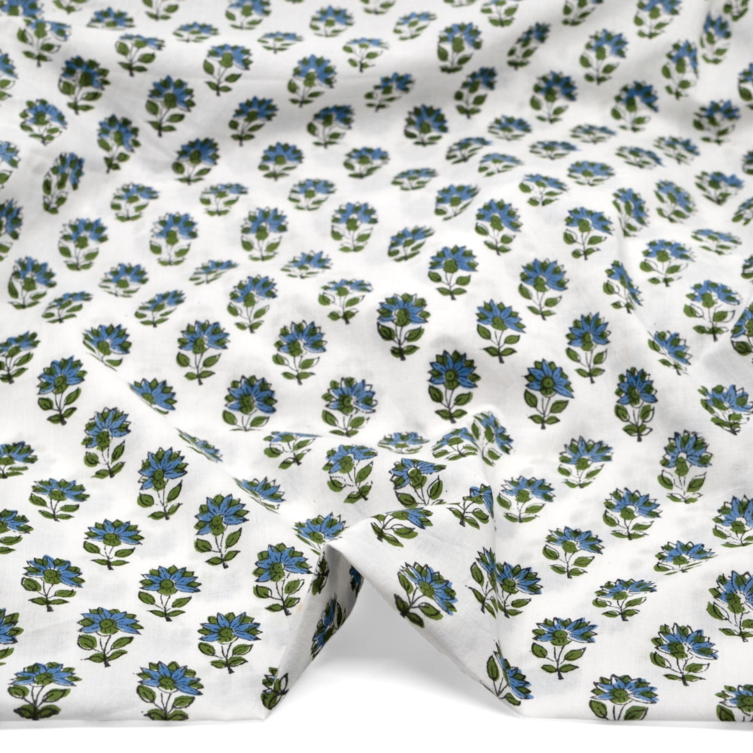 Bloom Block Printed Organic Cotton Batiste - White/Grass/Blue Pool | Blackbird Fabrics