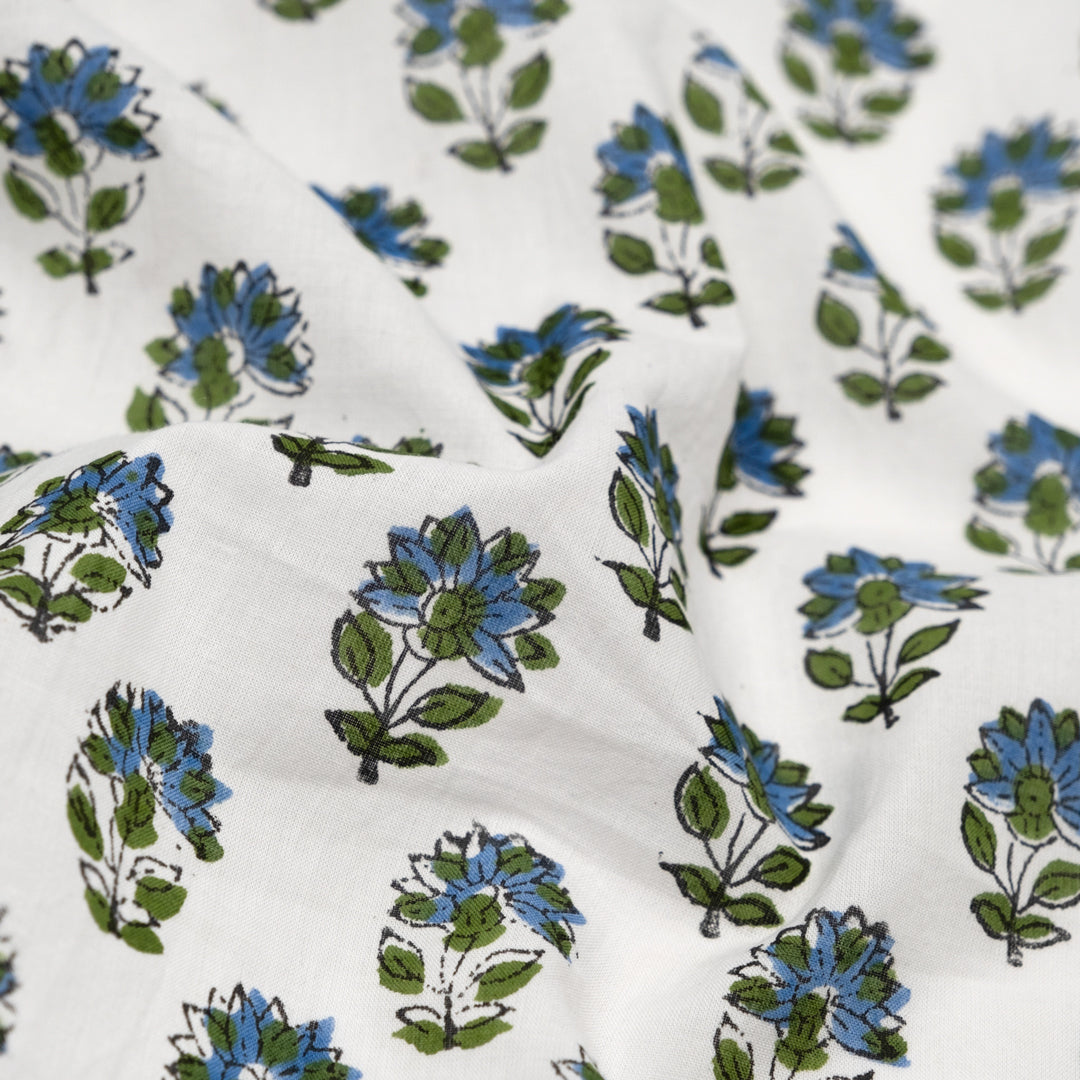 Bloom Block Printed Organic Cotton Batiste - White/Grass/Blue Pool | Blackbird Fabrics