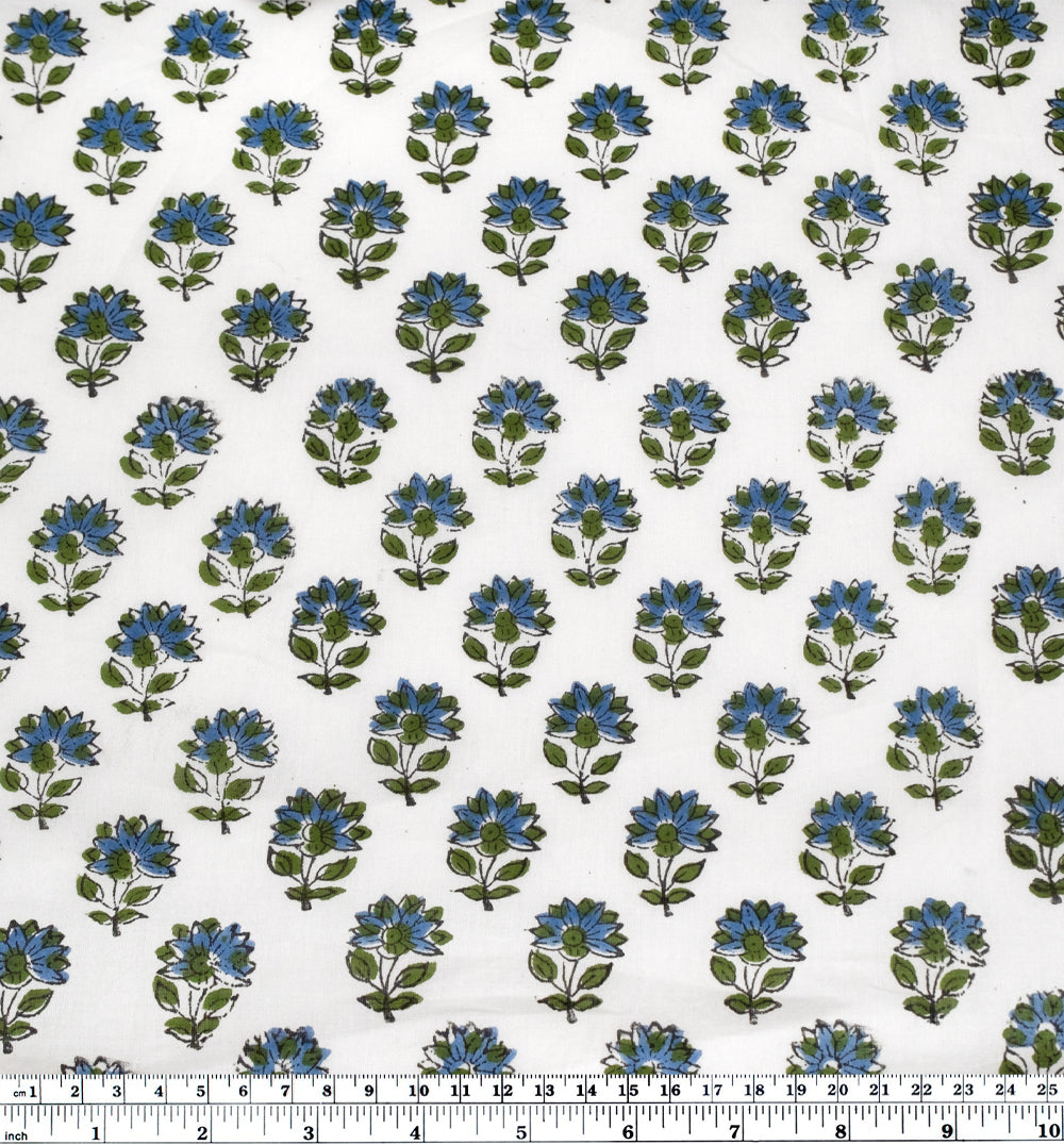 Bloom Block Printed Organic Cotton Batiste - White/Grass/Blue Pool | Blackbird Fabrics