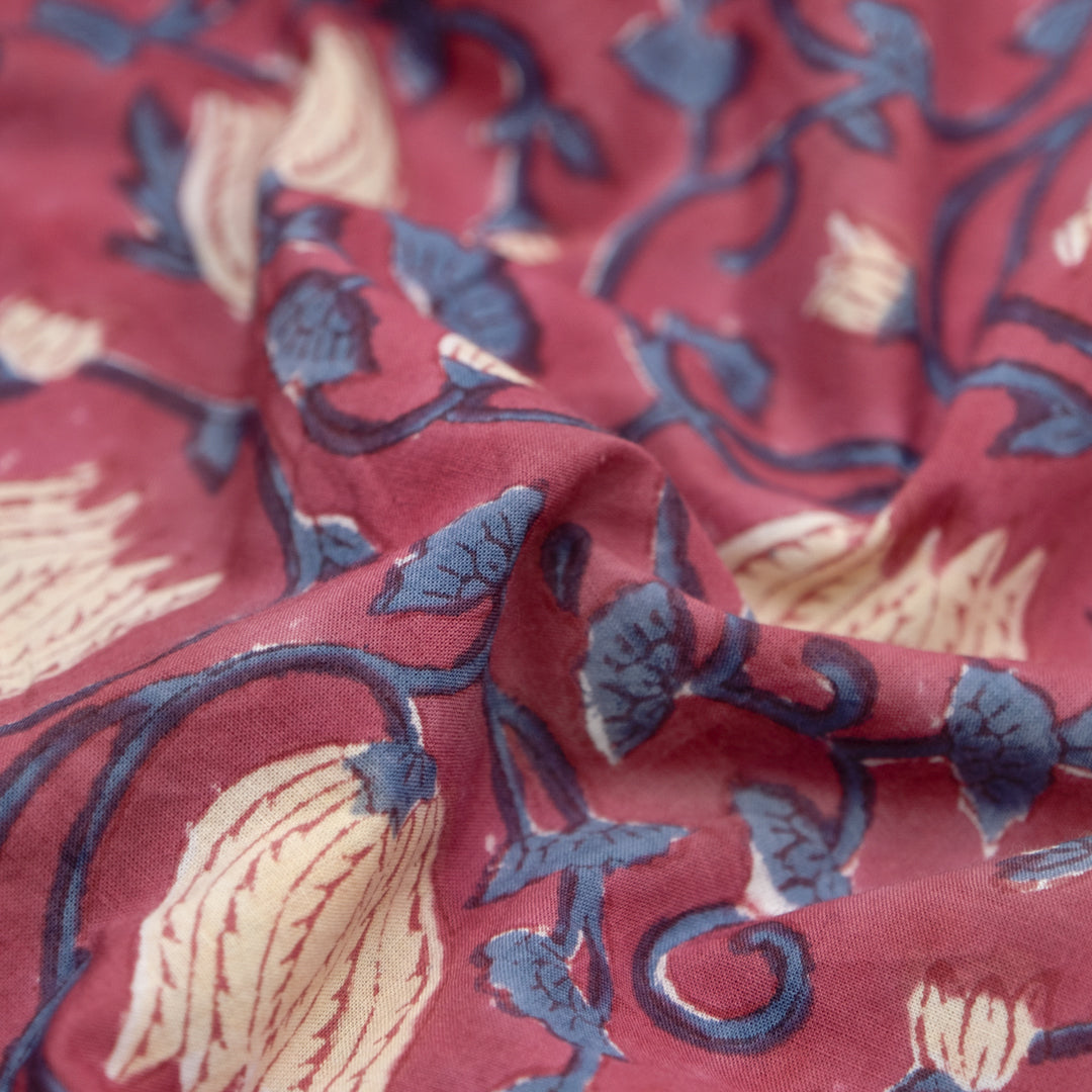 Vine Block Printed Organic Cotton Batiste - Garnet/Cashew/Ocean | Blackbird Fabrics