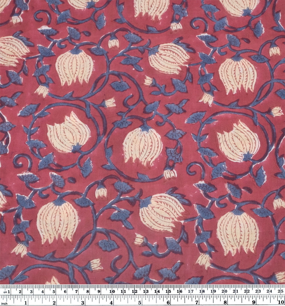 Vine Block Printed Organic Cotton Batiste - Garnet/Cashew/Ocean | Blackbird Fabrics