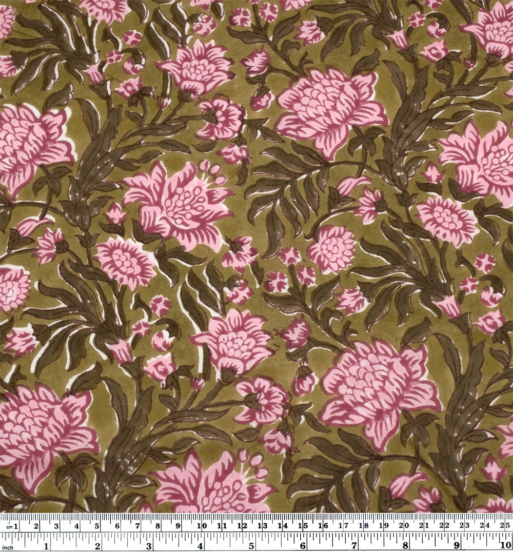 Vine Block Printed Organic Cotton Batiste - Moss/Seaweed/Carnation | Blackbird Fabrics