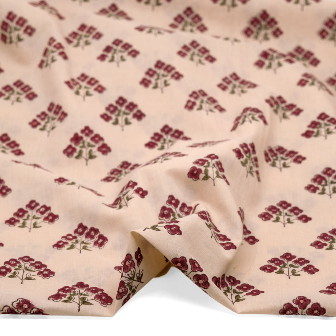 Bloom Block Printed Organic Cotton Batiste - Biscotti/Cranberry | Blackbird Fabrics