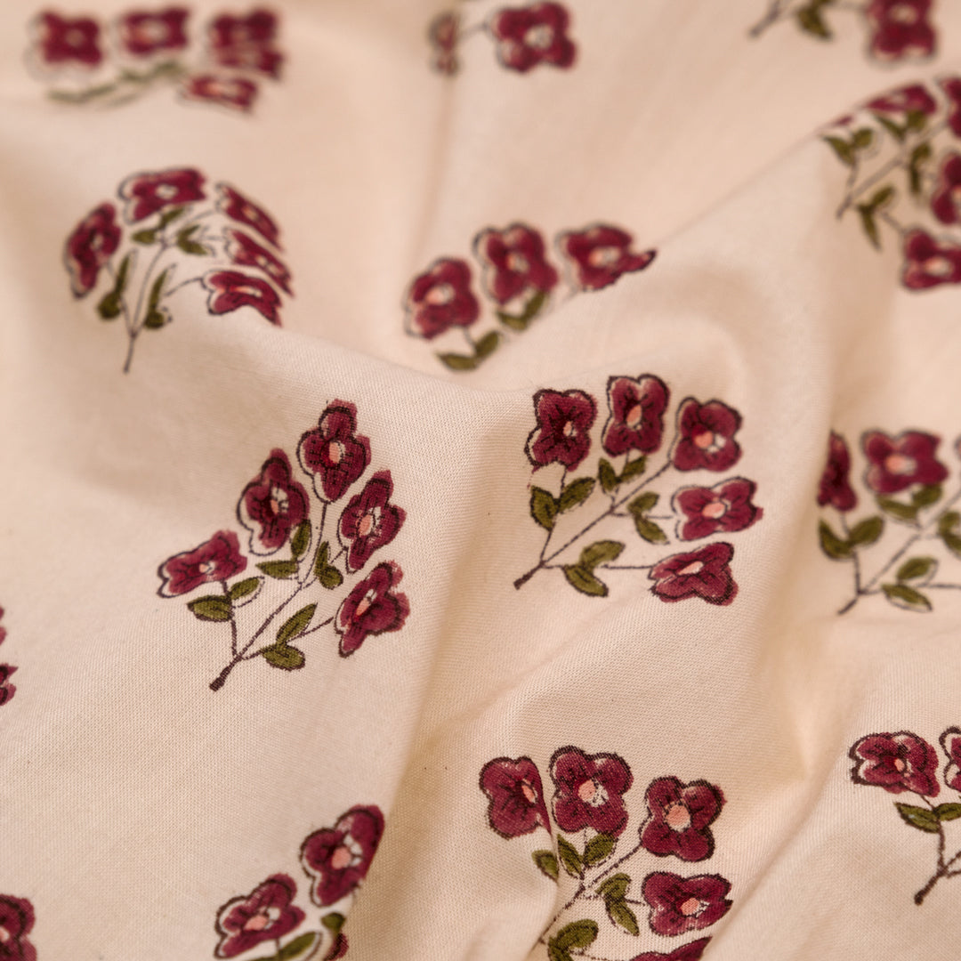 Bloom Block Printed Organic Cotton Batiste - Biscotti/Cranberry | Blackbird Fabrics