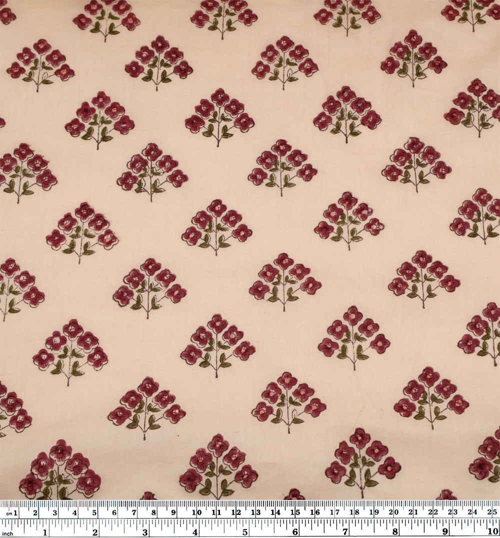 Bloom Block Printed Organic Cotton Batiste - Biscotti/Cranberry | Blackbird Fabrics