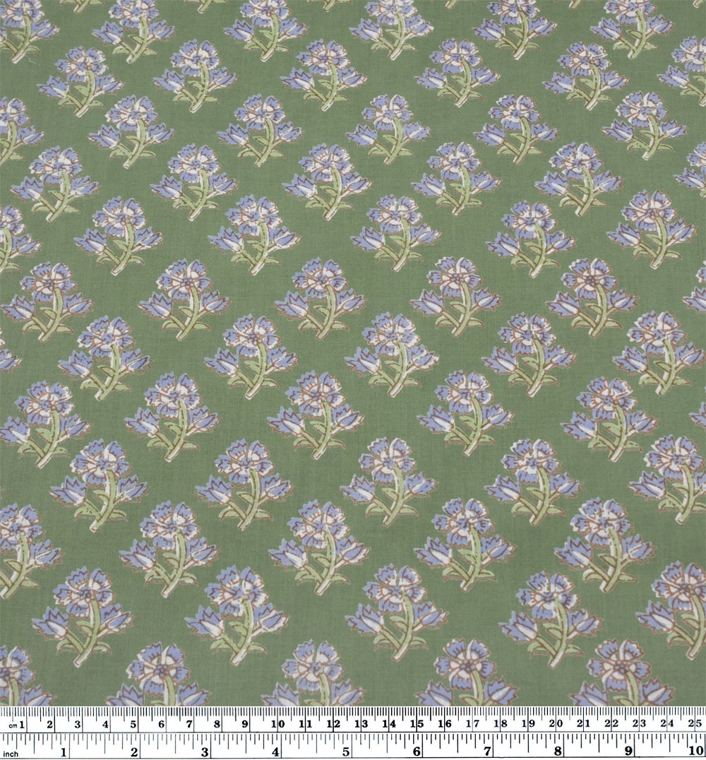 Bloom Block Printed Organic Cotton Batiste - Celadon/Periwinkle | Blackbird Fabrics