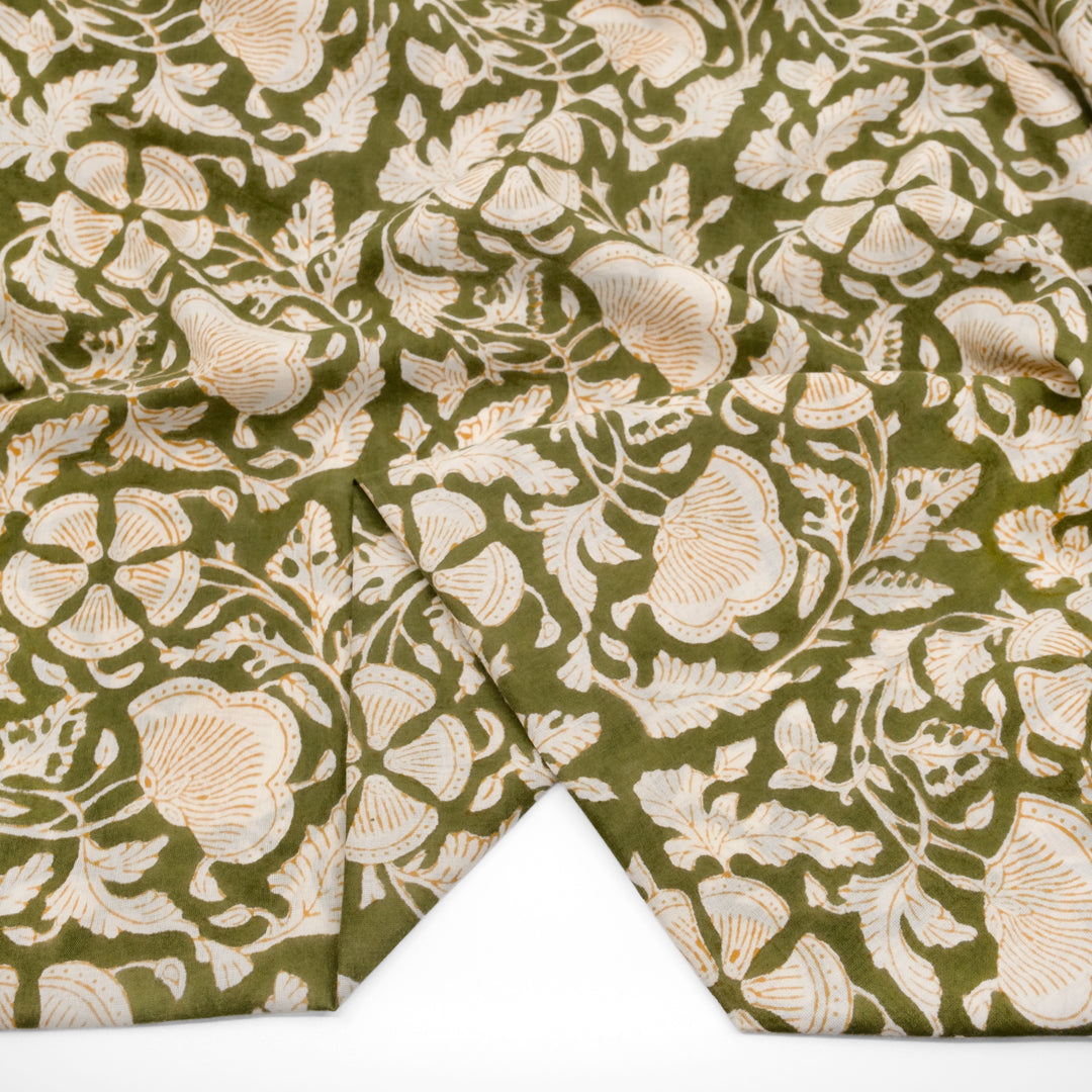 Tapestry Block Printed Organic Cotton Batiste - Avocado/Ivory | Blackbird Fabrics