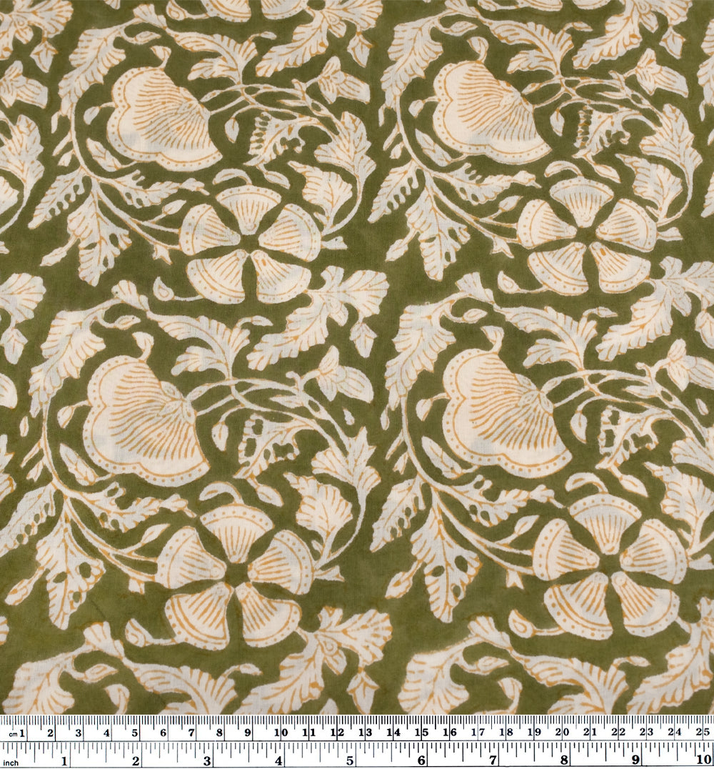 Tapestry Block Printed Organic Cotton Batiste - Avocado/Ivory | Blackbird Fabrics