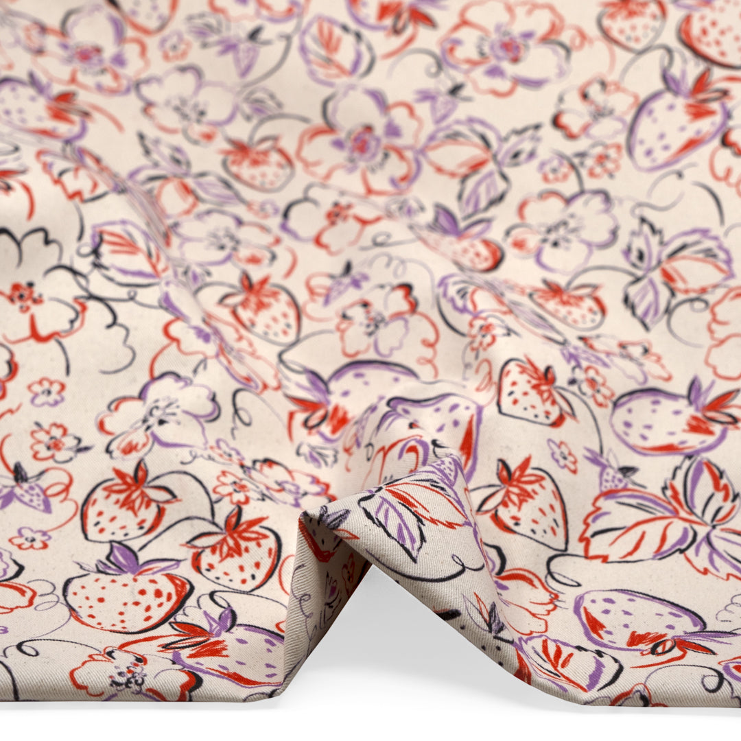 Strawberry Dreams Printed Cotton Twill - Natural/Multi | Blackbird Fabrics