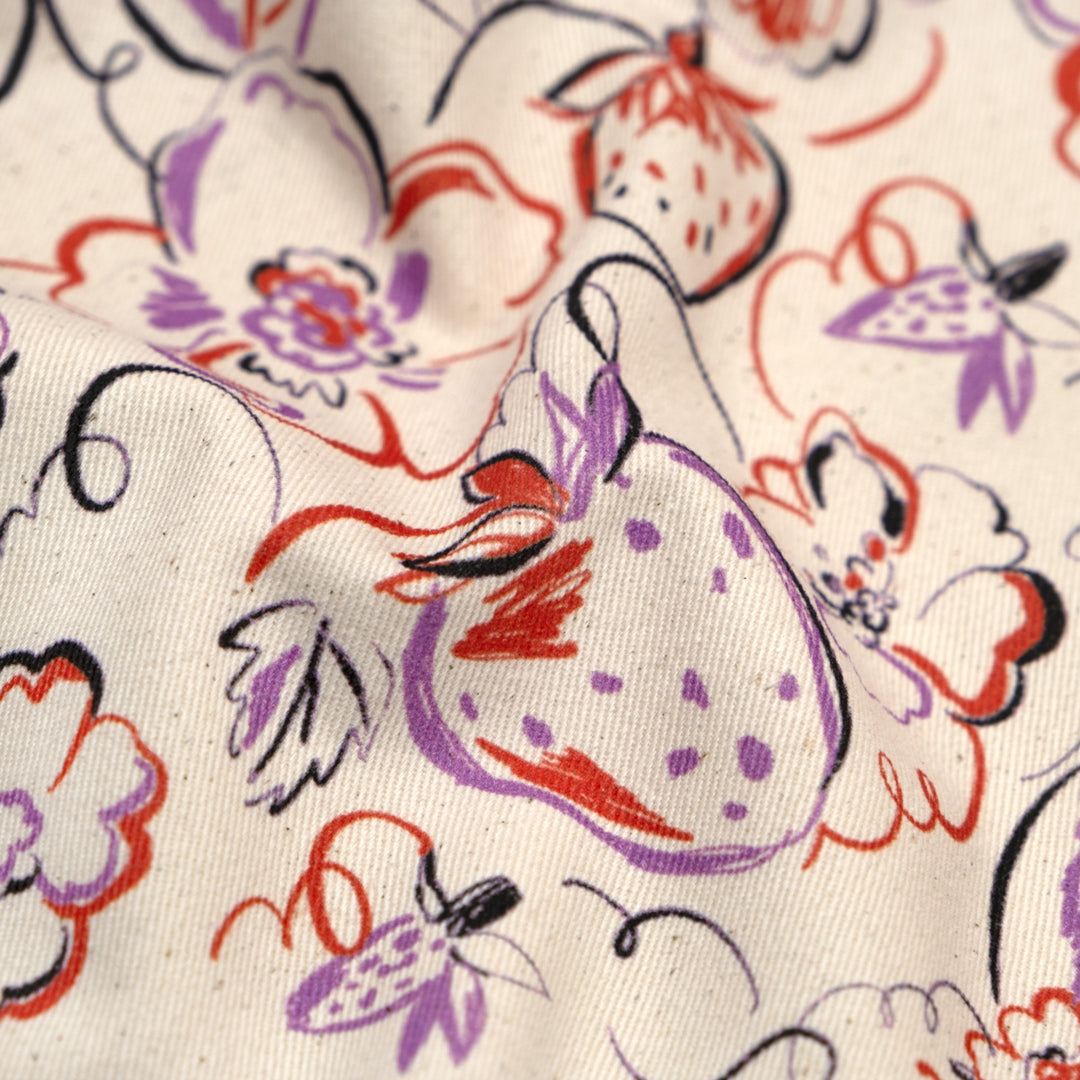 Strawberry Dreams Printed Cotton Twill - Natural/Multi | Blackbird Fabrics