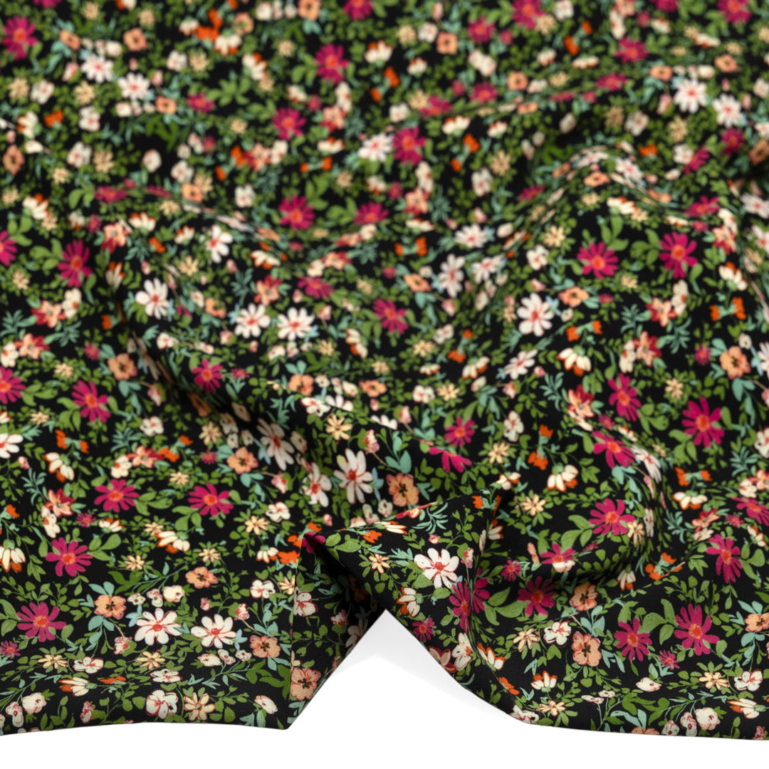 Garden Walk Printed Viscose Challis - Black/Jam | Blackbird Fabrics