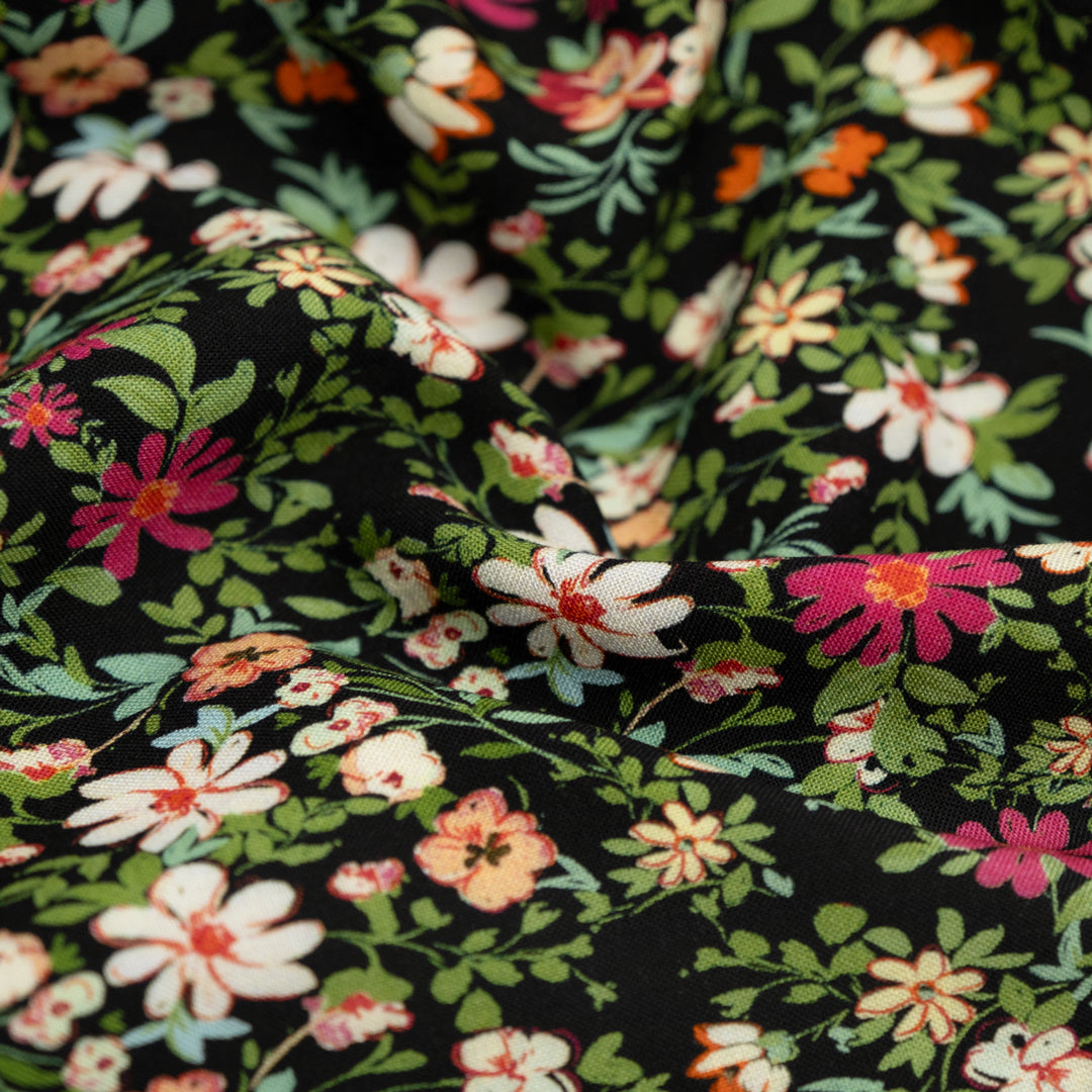 Garden Walk Printed Viscose Challis - Black/Jam | Blackbird Fabrics