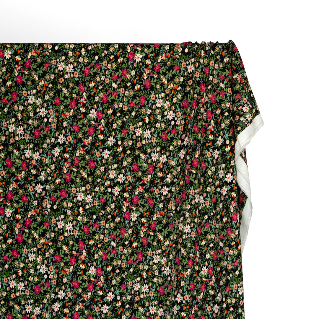 Garden Walk Printed Viscose Challis - Black/Jam | Blackbird Fabrics