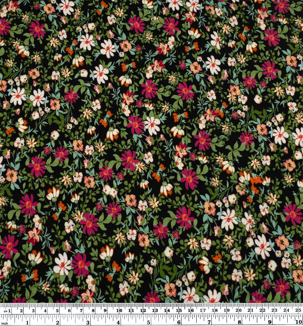 Garden Walk Printed Viscose Challis - Black/Jam | Blackbird Fabrics