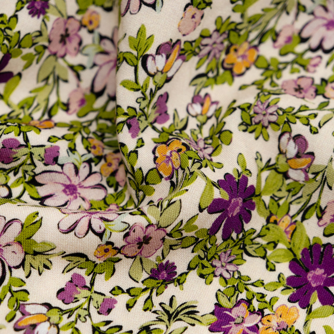 Garden Walk Printed Viscose Challis - Cream/Orchid | Blackbird Fabrics