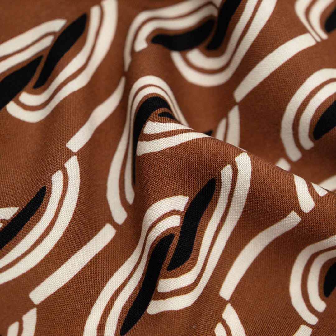 Boardwalk Printed Viscose Challis - Toffee/Ivory/Black | Blackbird Fabrics