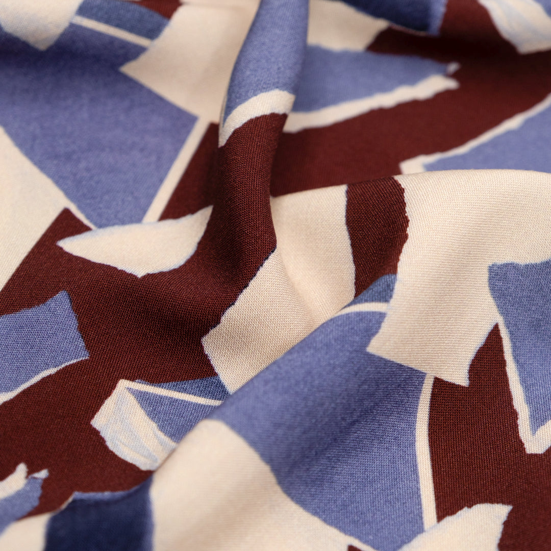 Bergamot Printed Viscose Challis - Merlot/Periwinkle/Cream | Blackbird Fabrics