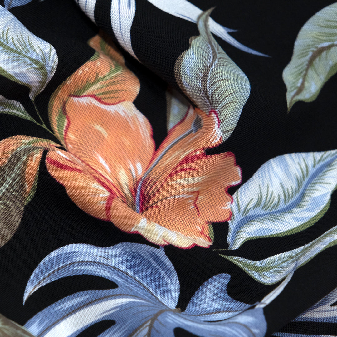 Hibiscus Hideaway Rayon Challis - Black/Apricot/Sage | Blackbird Fabrics 