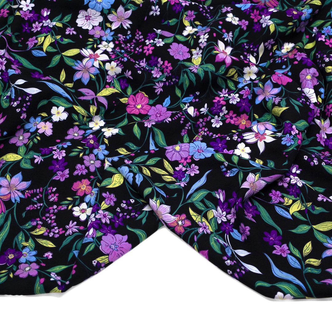 Floral Mystique Rayon Challis - Black/Lavender/Violet | Blackbird Fabrics 