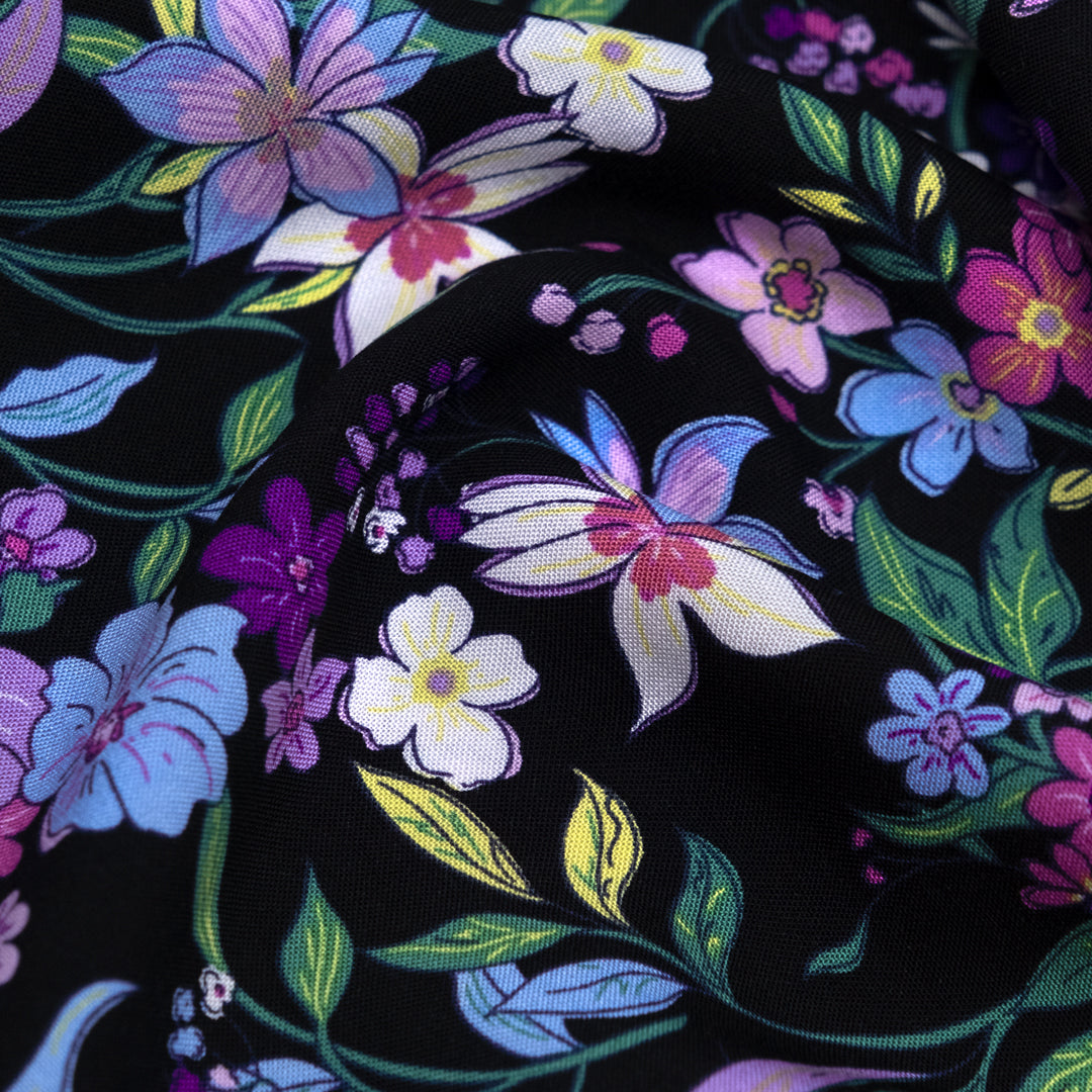 Floral Mystique Rayon Challis - Black/Lavender/Violet | Blackbird Fabrics 