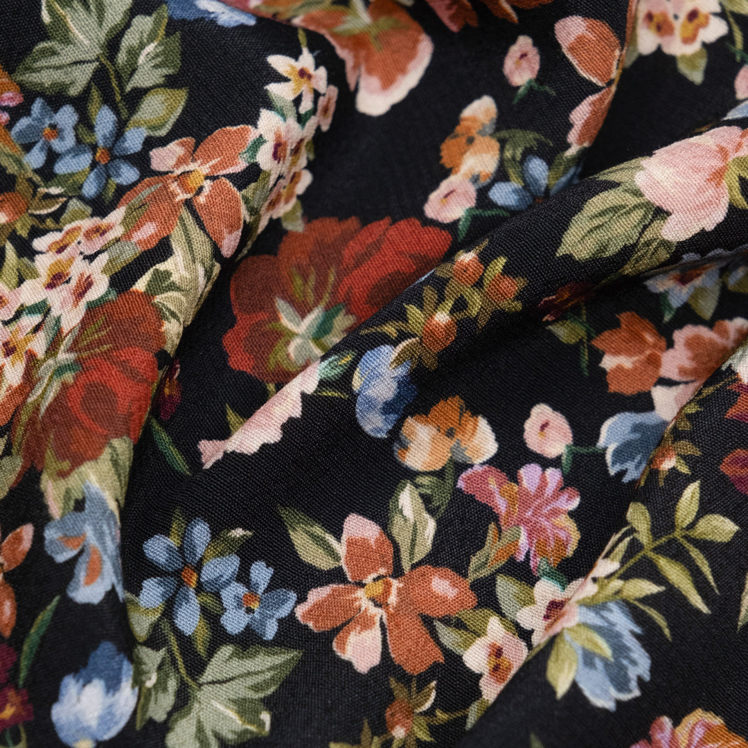 Deadstock Lovelorn Floret Viscose Crepe - Black/Crimson/Multi | Blackbird Fabrics