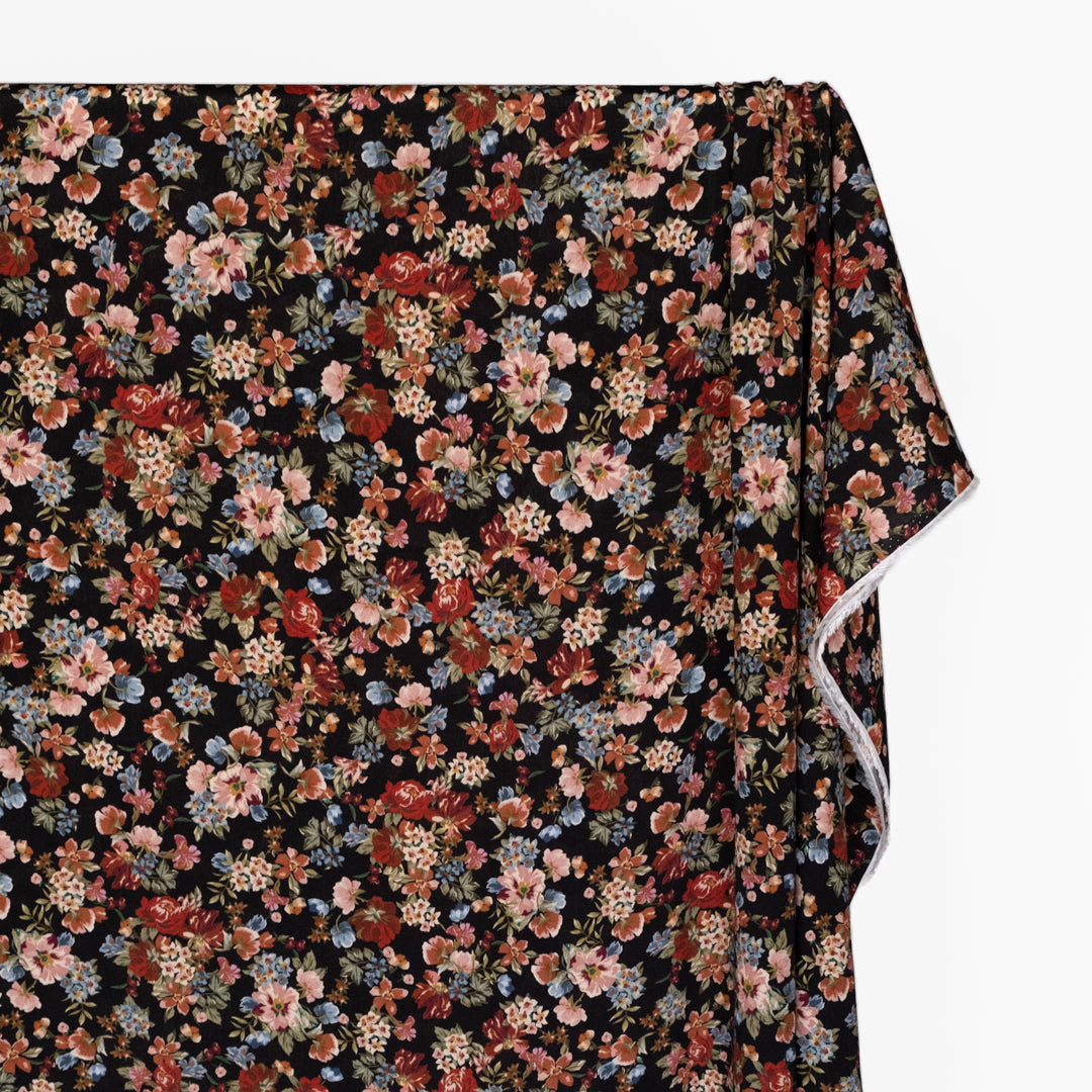 Deadstock Lovelorn Floret Viscose Crepe - Black/Crimson/Multi | Blackbird Fabrics