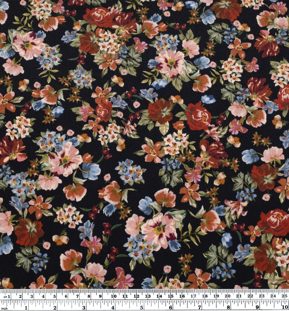 Deadstock Lovelorn Floret Viscose Crepe - Black/Crimson/Multi | Blackbird Fabrics