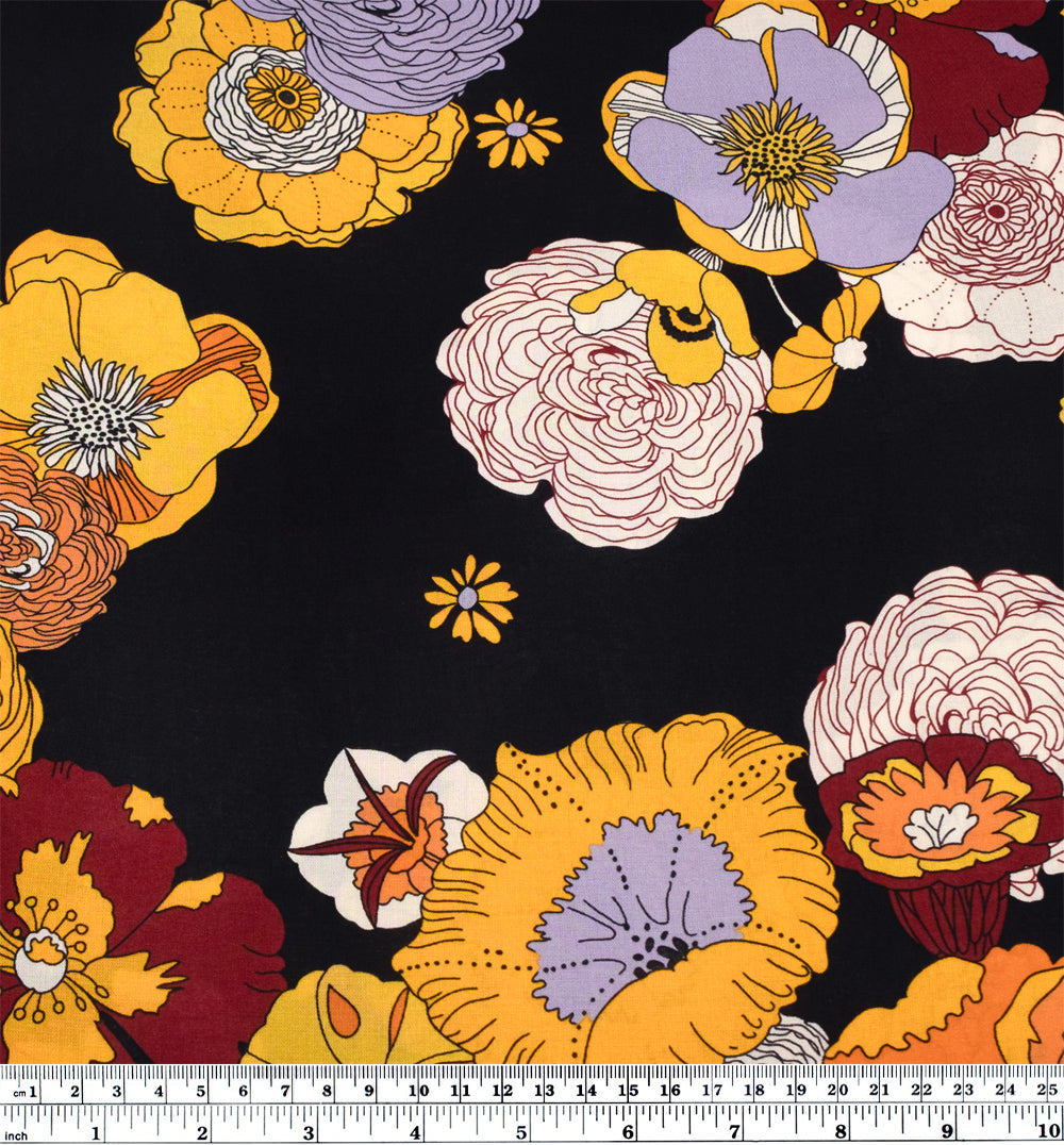 Deadstock Retro Paradise Viscose Challis - Black/Goldenrod/Ivory | Blackbird Fabrics